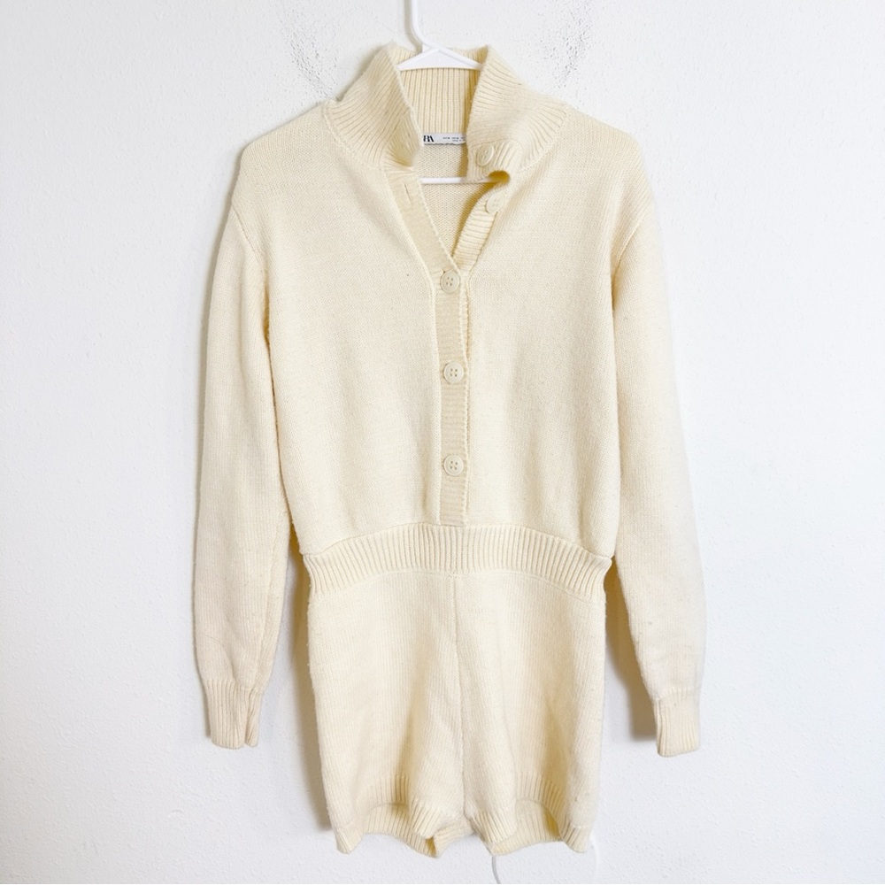 Zara Off-White Knit button front Long Sleeve Romper - Picture 3 of 6